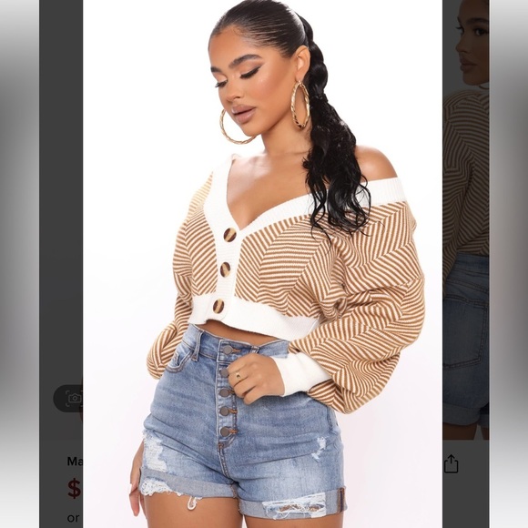 NEW Fashion Nova Brown White Cropped Cardigan Off Shoulder Sweater XS​ - Picture 12 of 15